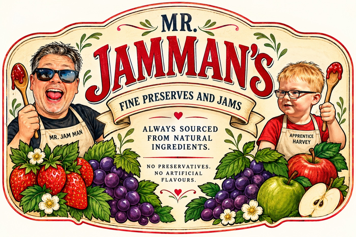 Mr. Jamman's Fine Preserves and Jams label, with Mr. Jam Man and apprentice Harvey holding jammy wooden spoons among strawberries, grapes and apples